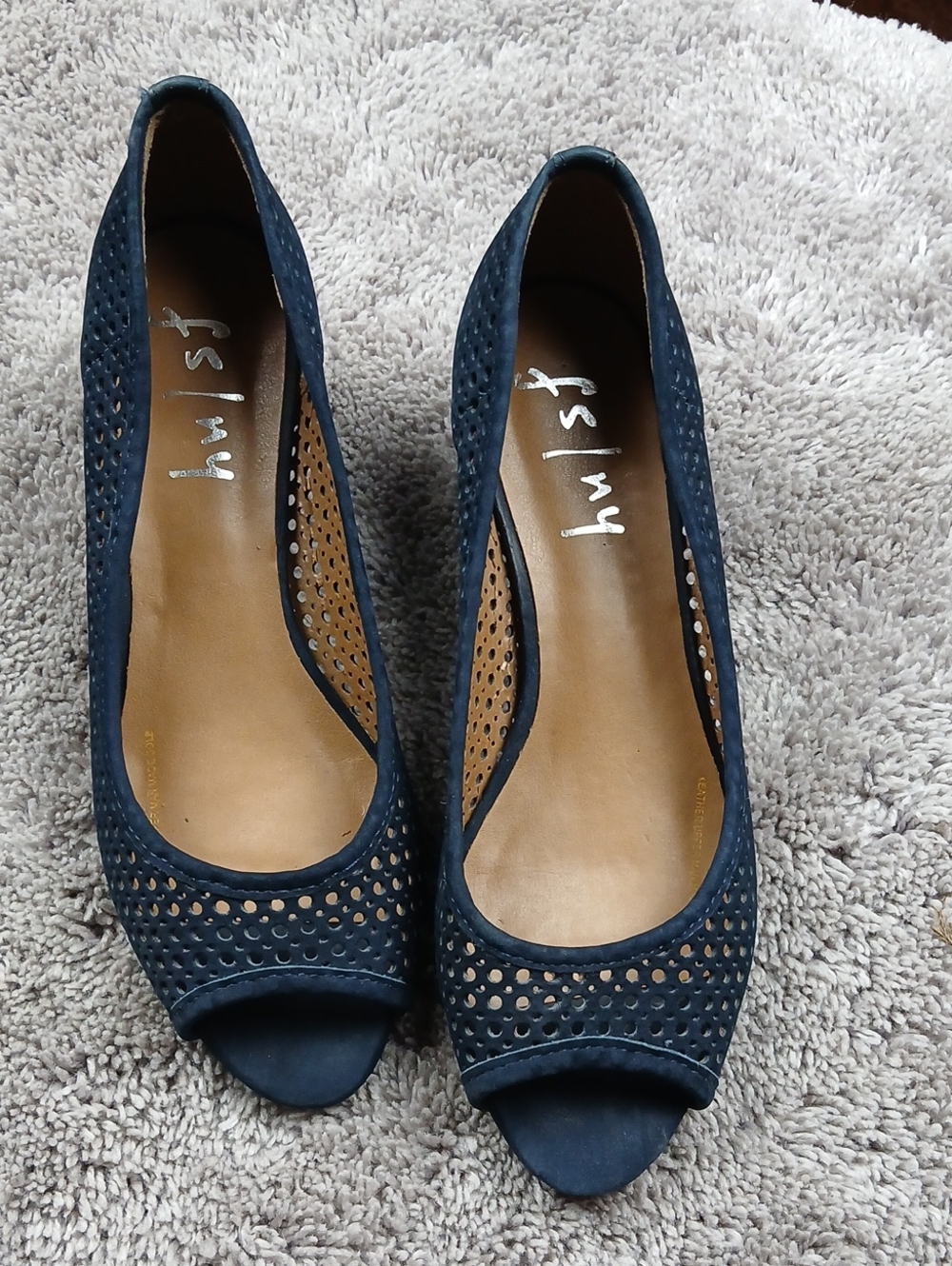 Frye Navy Perforated Peep-Toe Flats